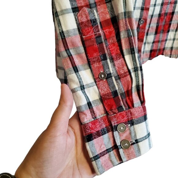 Shyanne Red Flannel Plaid Button Up with Crochet Lace Trim - Picture 5 of 14